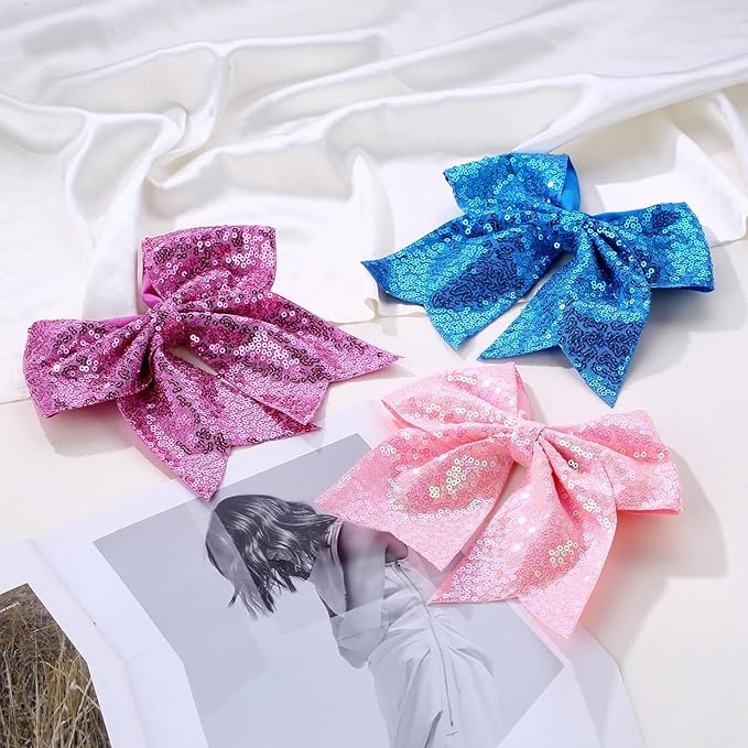 Large Glitter Cheer Bows Clips, Jumbo Big 7 Inch Cheerleading Sequin Hair Bow Hair Accessories for Teens Girls Football Sports Cheerleader Outfit Uniform (Gold)