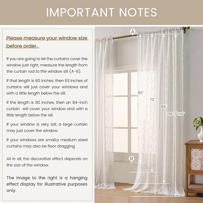 WAZZIO White Boho Lace Curtains 96 Inch -Cute Vintage Victorian Sheer Panel - Image 8