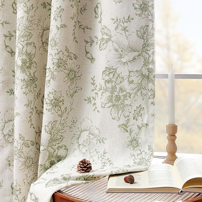 jinchan Green Floral Linen Blackout Curtains 90 Inch Back Tab 2 Panels | - Image 3