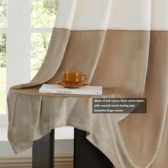 BULBUL Cream Ivory Champagne Luxury Velvet Curtains 120 inch, Color Block | - Image 5