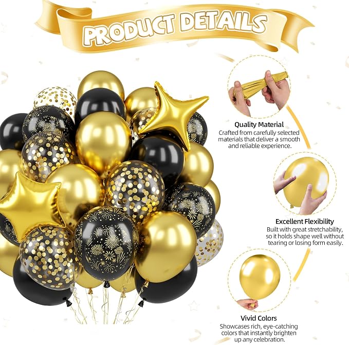 Black and Gold Balloons, Confetti Balloon 4 And 5 point Star Foil Balloon - Image 8