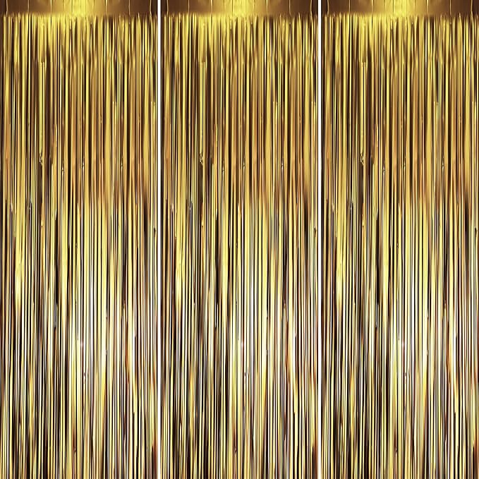 Voircoloria Dark Gold Foil Fringe Backdrop Curtains, 3 Pack | Tinsel Streamers by Voircoloria