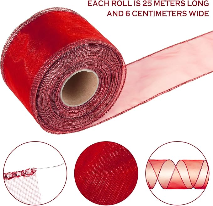 2 Rolls Christmas Organza Wired Sheer Ribbon Chiffon Ribbon Wide Solid Color - Image 2