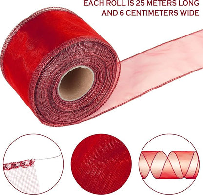 2 Rolls Christmas Organza Wired Sheer Ribbon Chiffon Ribbon Wide Solid Color - Image 2