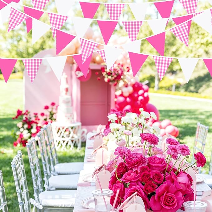 32Ft Hot Pink Party Decorations Pink Buffalo Plaid Checkered White Triangle - Image 5