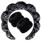 Zkptops Spa Headband for Washing Face Wristband Set Sponge Makeup Skincare Velvet Fabric Bubble Soft Get Ready Hairbands for Women Puffy Headwear Non Slip Thick Thin Hair Accessory(Black Large Nuts)