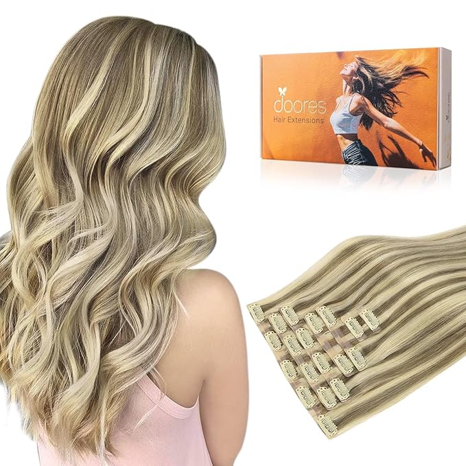 DOORES Seamless Clip in Hair Extensions, Light Brown Highlighted Medium Blonde 7pcs 120g 24 Inch, Human Hair Extensions Natural Remy Hair Extensions Straight Hair Invisi Edge Hair Extensions