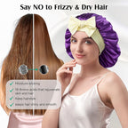 YFONG 100% 22 Momme Mulberry Silk Bonnet for Sleeping Women, Larger Double Layer Silk Hair Wrap for Curly Short Long Hair, Non-Slip Sleep Cap Turban with Elastic Tie Band (Purple & Yellow)