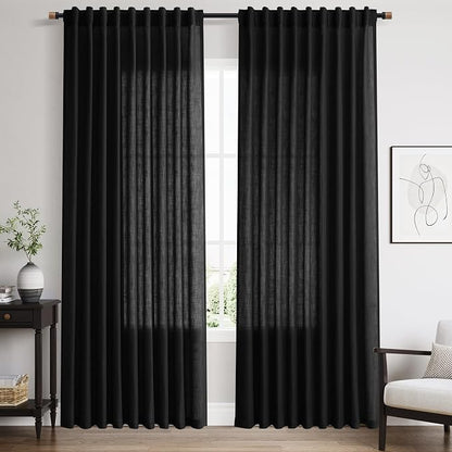 Linen Curtains 84 inches Long for Living Room Privacy Sheer Black Simple Modern by Nanspring