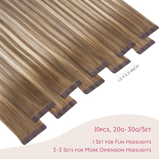 WENNALIFE Tape in Hair Extensions Human Hair Balayage Dirty Blonde with Platinum Ends Tape in Extensions, 10pcs 20g 10 inch Remy Invisible Tape Ins Straight Colored Soft Refill Set