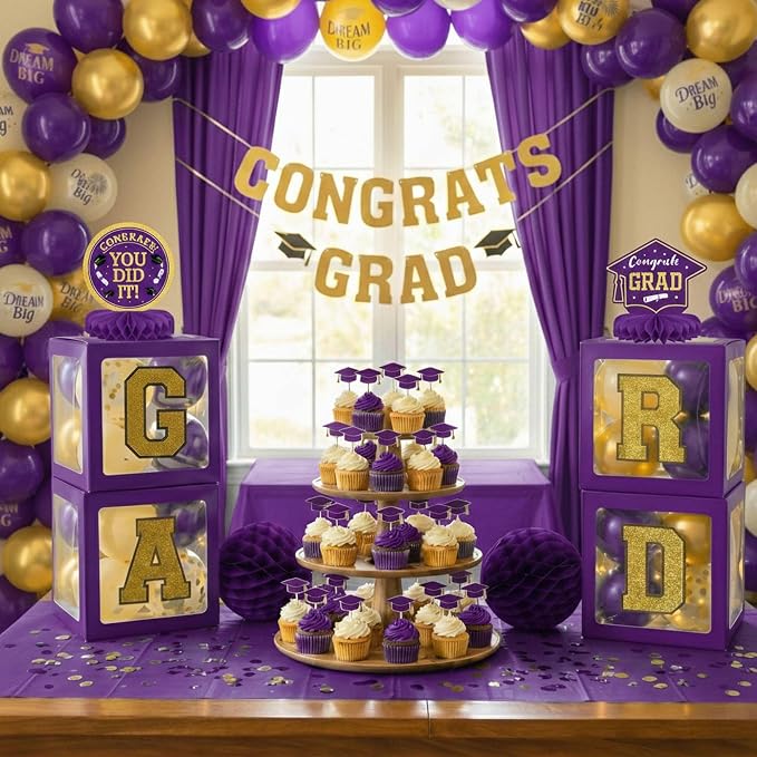 Graduation Decorations Class of 2026 Purple and Gold Balloon Boxes and Arch - Image 8