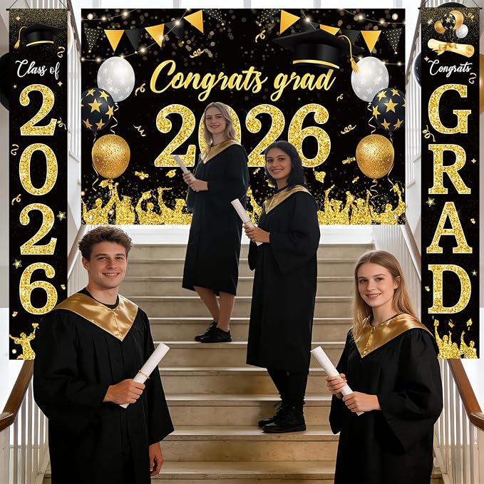 Sophena Graduation Decorations Class of 2026 Grad Banner Backdrop Black and Gold - Image 5