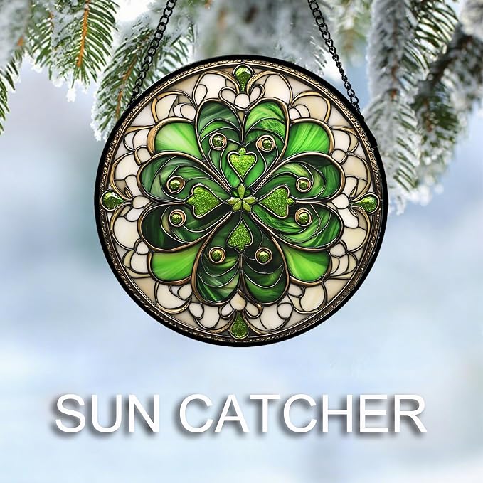 DASTOLL Stained Glass Window Hanging St. Ripak Festival Green Lucky Clover 9.8" - Image 4