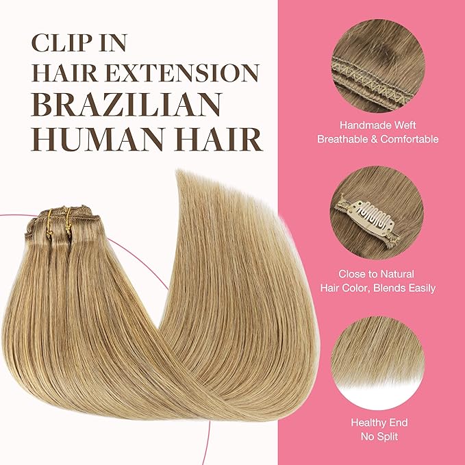 GOO GOO Clip in Hair Extensions Real Human Hair, Remy Human Hair Extensions Clip ins for Women, Natural Human Hair, 22inch 150g 9Pcs, 7 Bronde