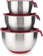 AVACRAFT 18/10 Stainless Steel Mixing Bowls with Lids, non slip silicone base bowls with Handle, Mixing Bowl Set with Pour Spouts & Measurement Marks, Home Essentials Cooking Bowls, (Red)