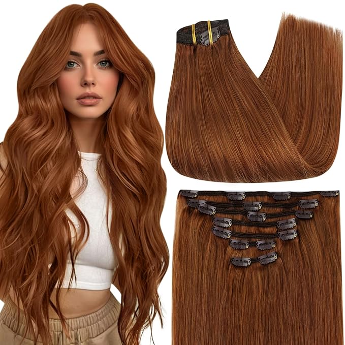 Full Shine Hair Extensions Clip in Human Hair Copper 10 Inch Short Invisible Clip on Hair Extensions Red Hair Clip in Extensions 7 Pcs 95 G