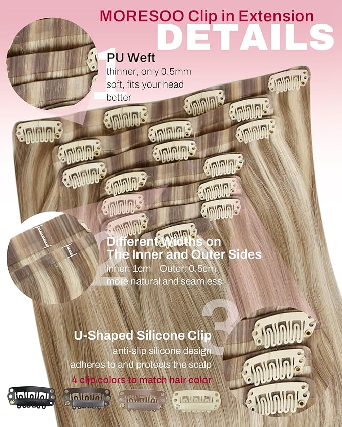 Moresoo Real Hair Extensions Clip in Human Hair Thick Brown with Blonde Highlights Seamless Clip in Hair Extensions Light Brown with Platinum Blonde for Women Long And Invisible 120g/7pcs 20 inch