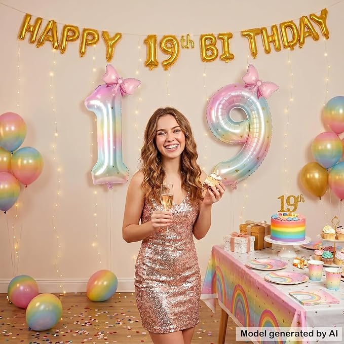 40" Giant Pastel Rainbow Number 19 Balloon Foil Pink Bow Decor Kit | - Image 3