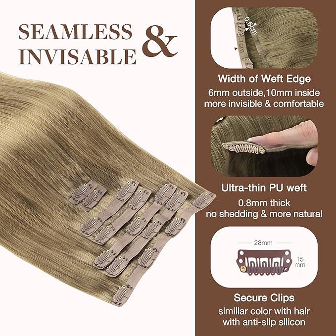 GOO GOO Clip in Hair Extensions Real Human Hair, Remy Human Hair Extensions Clip ins for Women, Natural Human Hair, 18inch 130g 7Pcs, 7 Bronde