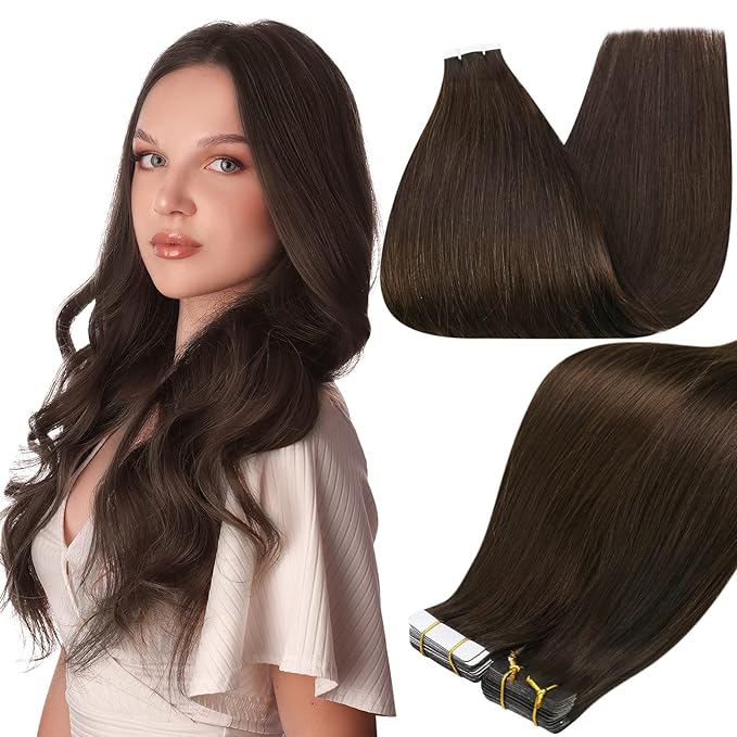 Full Shine Tape in Hair Extensions Human Hair Darkest Brown 24 Inch Seamless Tape in Extensions Brazilian Remy Hair Skin Weft Hair 20 Pieces 50 Grams Color 2 Glue Human Hair Extensions for Wedding