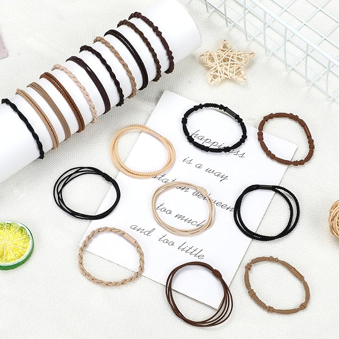 WantGor Boho Hair Ties, 20 PCS Hair Bands 4 Styles Neutral Hair Ties 2.36inch Cute Ponytail Holders Elastic Boho Hair Bracelets for Women Thick Thin Long Curly