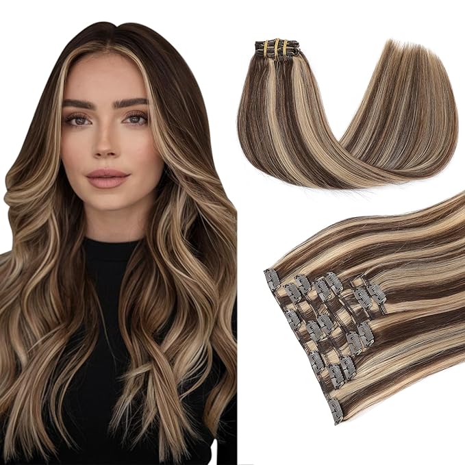 PINKPEARL Clip in Hair Extensions Human Hair 16inch 120g 7pcs Remy Human Hair Extensions Clip in #4P27 Chocolate Brown Highlighted Caramel Blonde Clip Hair Natural Human Hair(#4P27-16)