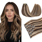 PINKPEARL Clip in Hair Extensions Human Hair 18inch 120g 7pcs Remy Human Hair Extensions Clip in #4P27 Chocolate Brown Highlighted Caramel Blonde Clip Hair Natural Human Hair(#4P27-18)