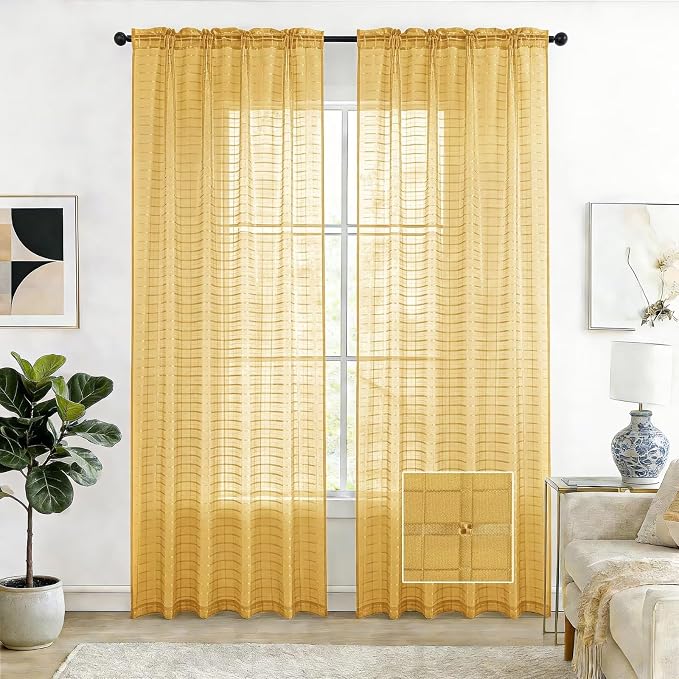 SpaceDresser Check Sheer Curtains 108 Inches Long by SpaceDresser