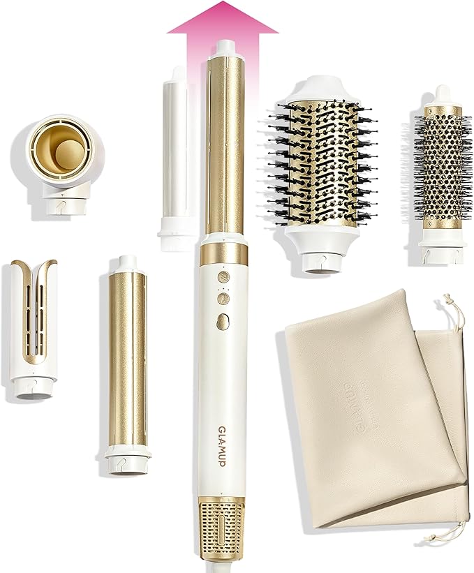 GLAMUP® 6 in 1 Hot Air Styler, Upgraded Long Barrel, Round Brush, Powerful High Speed Dryer, Tight Grip, Curling Volumizing Gift Set with Travel Bag