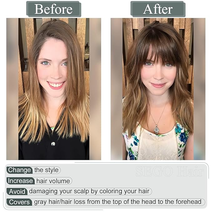 SEGO Hair Toppers for Women Real Human Hair with Thinning Hair, Toppers Hair Clip in Toppers Straight with Front Bangs 150% Density Silk Base -8 Inch #4/27 Medium Brown Mix Dark Blonde