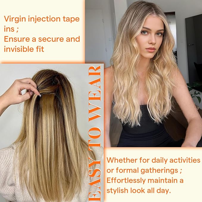 Full Shine Intact Virgin Tape in Hair Extensions Human Hair 22Inch Color 2 Brown Fading to 18 Ash Blonde and 22 Invisible Natural Tape in Extensions 25Gram Tape Ins Human Hair Extensions 10Pcs