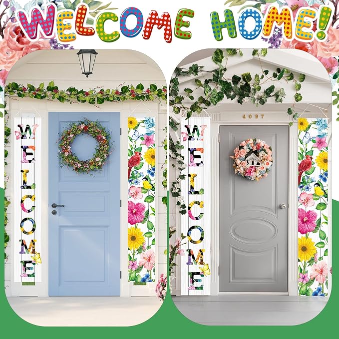 Frienda 2 Pcs Spring Welcome Floral Porch Banners 72"x12" Summer Flower Hanging - Image 4
