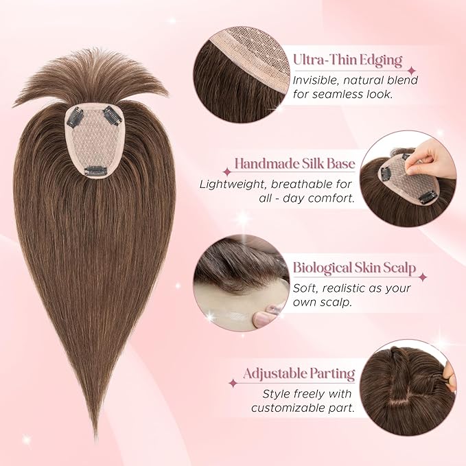 Hair Toppers for Women Real Human Hair 3.54"*4.72" Silky Base 150% Density With Bangs Adjustable Parting Clip-In Topper Hairpieces for Women with Thinning Hair 12 Inches Dark Brown