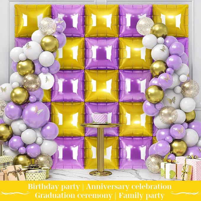 Gold and Purple Square Foil Balloons 25 Pcs Metallic Gold and Purple Balloons - Image 5