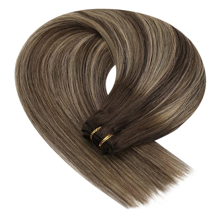 YoungSee Human Hair Sew in Extensions Brown Balayage Double Weft Human Hair Extensions Dark Brown Mix Caramel Blonde Balayage Straight Hair Weft Extensions Remy Hair 20Inch 100G