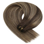 YoungSee Human Hair Sew in Extensions Brown Balayage Double Weft Human Hair Extensions Dark Brown Mix Caramel Blonde Balayage Straight Hair Weft Extensions Remy Hair 20Inch 100G