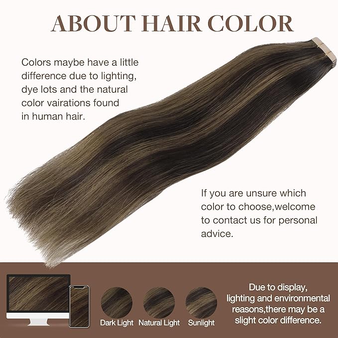 GOO GOO Tape in Hair Extensions Human Hair, 2/6 Dark Brown Highlighted Chestnut Brown, 14inch 50g 20pcs, Thick Ends Straight Seamless, Invisible Tape in Hair Extensions