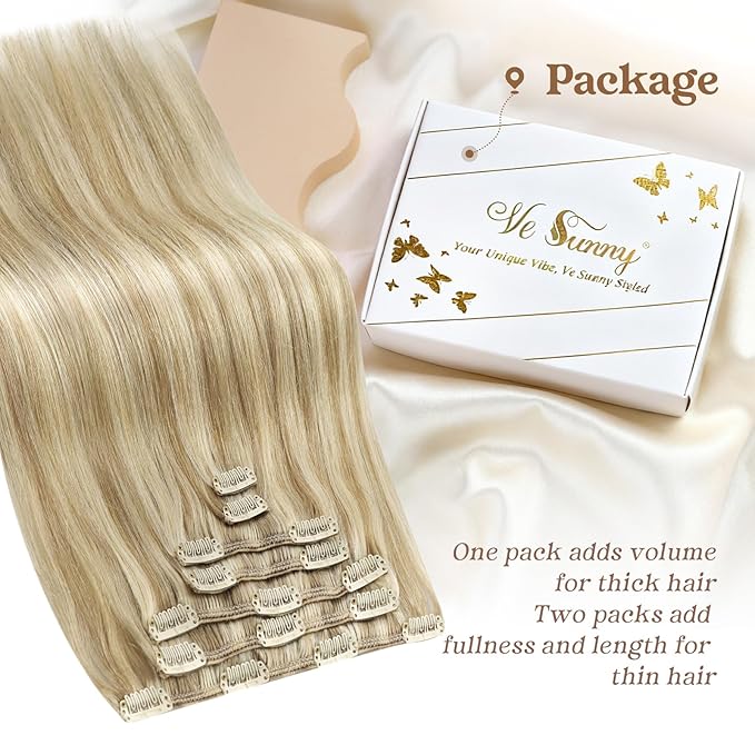 Ve Sunny Clip in Hair Extensions Double Weft Remy Hair Extensions Natural Human Hair Clip in Extensions Dark Blonde Highlights Golden Blonde 7pcs 120g 16 inch