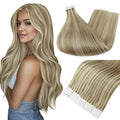 Full Shine Tape in Hair Extensions Human Hair 12 Inch Double Sided Tape in Hair Extensions 30Gram 20Pcs Remy Extensions Straight Hair Color 16 Light Golden Blonde Highlighted 22 Blonde for Party