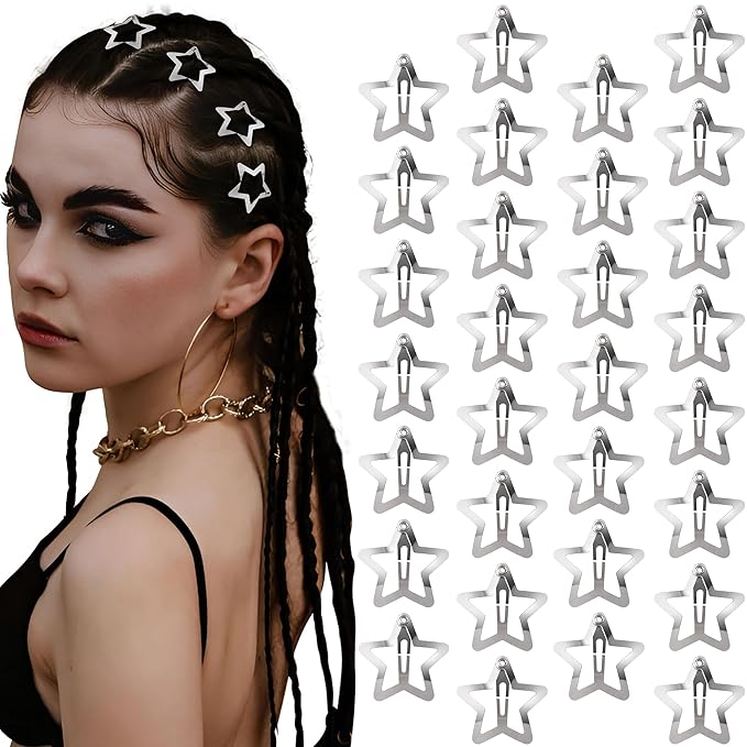 30 Pcs Metal Star Hair Clips 2000s Y2K Snap Barrettes 1.25 In Non Slip Star Hair Accessories for Women,Silver
