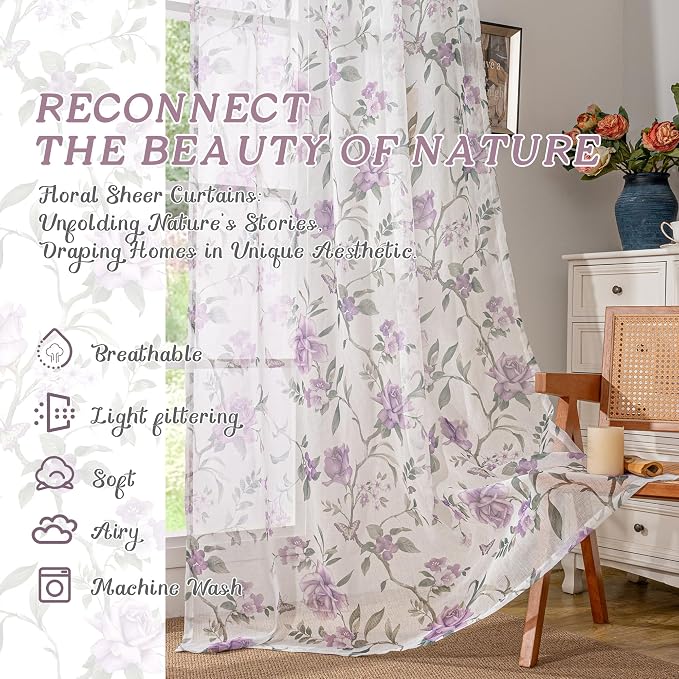 Floral Sheer Curtains 84 Inch Length 2 Panels, Vintage Farmhouse Light - Image 2