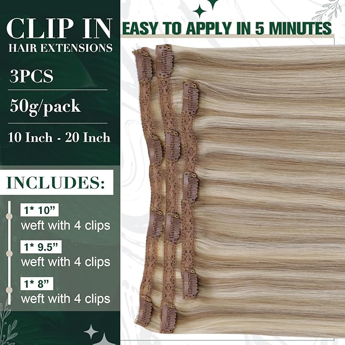 RUNATURE Brown Human Hair Clip in Extensions, 20 Inch Clip in Hair Extensions Real Human Hair, Long Hair Extensions Clip Ins, Remy Natural Hair, Add Length, 50g 3pcs #8P60 Ash Brown Highlight