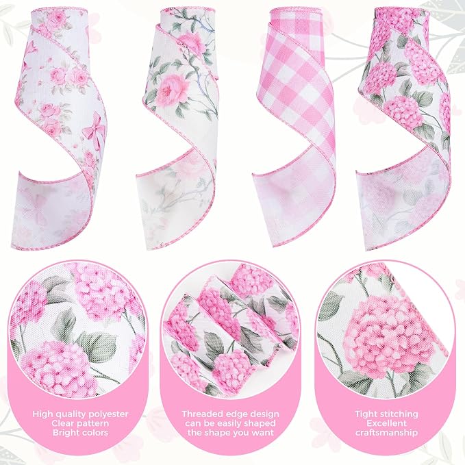 4 Rolls Pink Floral Wired Ribbon Set - Image 3