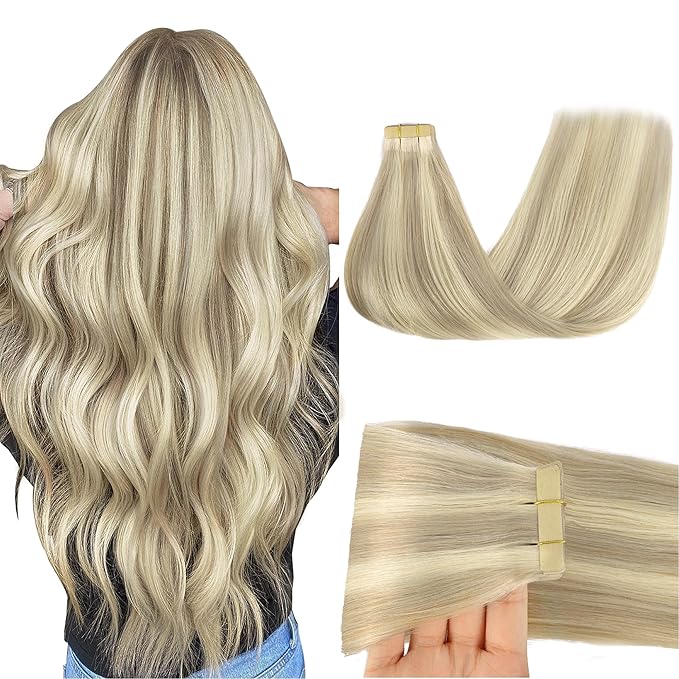 GOO GOO Tape in Hair Extensions Human Hair, 17A/60A Ash Blonde Highlighted Platinum Blonde, 14inch 50g 20pcs, Skin Weft Seamless Invisible, Silky Straight with Thick Ends, Remy Human Hair