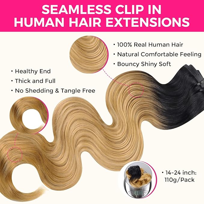 Lashey Seamless Hair Extensions Real Human Hair 110g 7pcs Body Wave 18 Inch Clip in Hair Extensions Human Hair Ombre Natural Black to Honey Blonde Hair Extension with PU Weft Invisi Edge