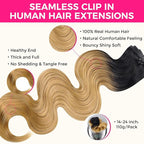 Lashey Seamless Hair Extensions Real Human Hair 110g 7pcs Body Wave 18 Inch Clip in Hair Extensions Human Hair Ombre Natural Black to Honey Blonde Hair Extension with PU Weft Invisi Edge