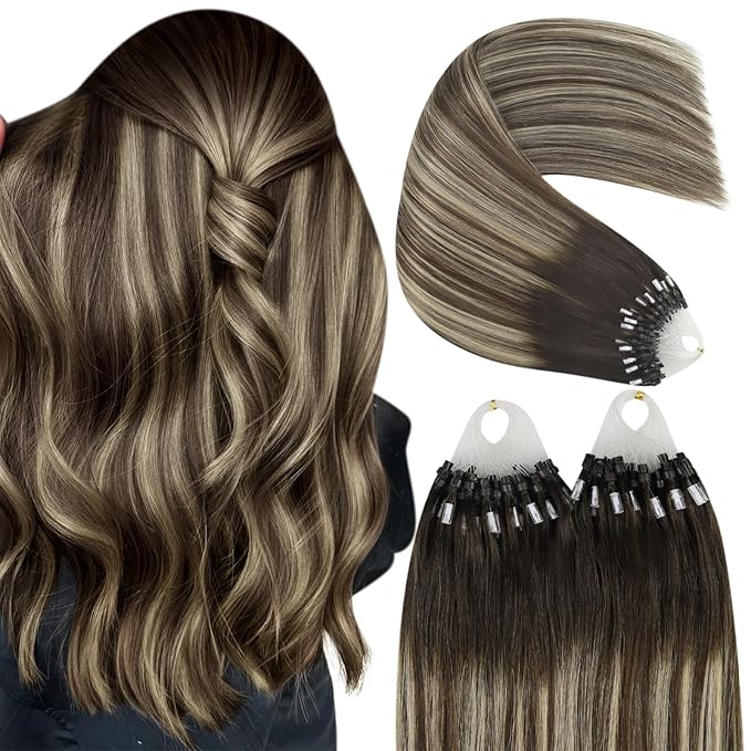 YoungSee Micro Loop Hair Extensions Real Human Hair Balayage Microlink Hair Extensions Dark Brown Ombre Blonde Beaded Hair Extension 16In 50g 50s Pre Bonded Hair Extension for School