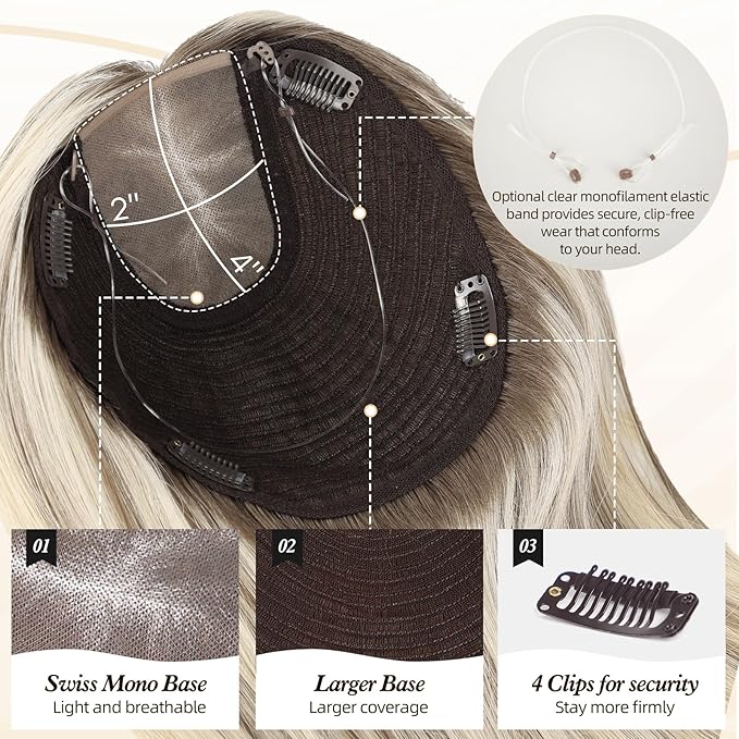 MONO TOP Hair Toppers for Women Human Hair 12 Inch 7"×8" Big Base Partial wig Cover Thinning Hair or Loss No Bangs Top Hair Pieces Natural Wiglets (Ombre Brown Mix Platinum)