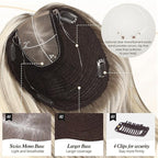 MONO TOP Hair Toppers for Women Human Hair 12 Inch 7"×8" Big Base Partial wig Cover Thinning Hair or Loss No Bangs Top Hair Pieces Natural Wiglets (Dark Brown Highlights)