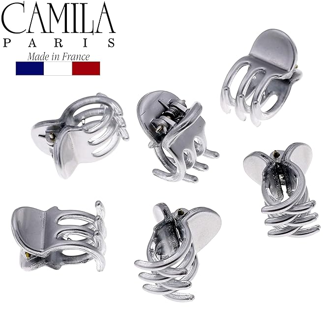 Camila Paris CP2914 French Hair Clip for Women, Set of 6 Extra Small Silver, Girls Hair Claw Clip Jaw Fashion Durable Styling Hair Accessories for Women, Ladies Strong Hold Grip Clamp, Made in France